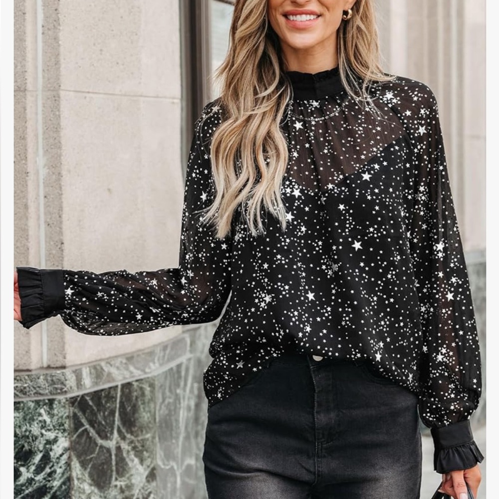 NWT Woman’s Star Print Semi-Sheer Ruffled Long Sleeve Blouse